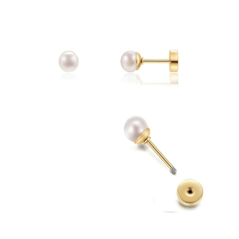 Pearl Stud Earrings Flat Screw Back,14K Gold Pearl